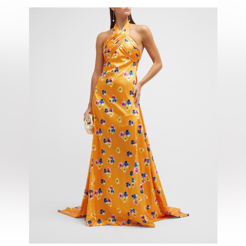 Carolina Herrera Floral Dot-Print Halter Gown